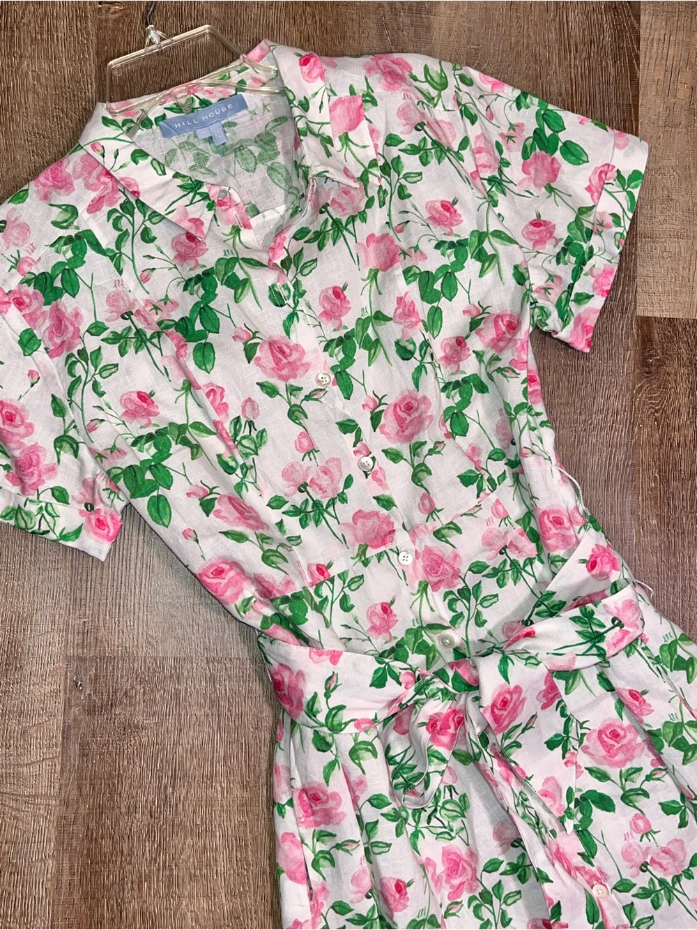 Hill House Laura shirt dress 100% linen floral button front w/ tie small